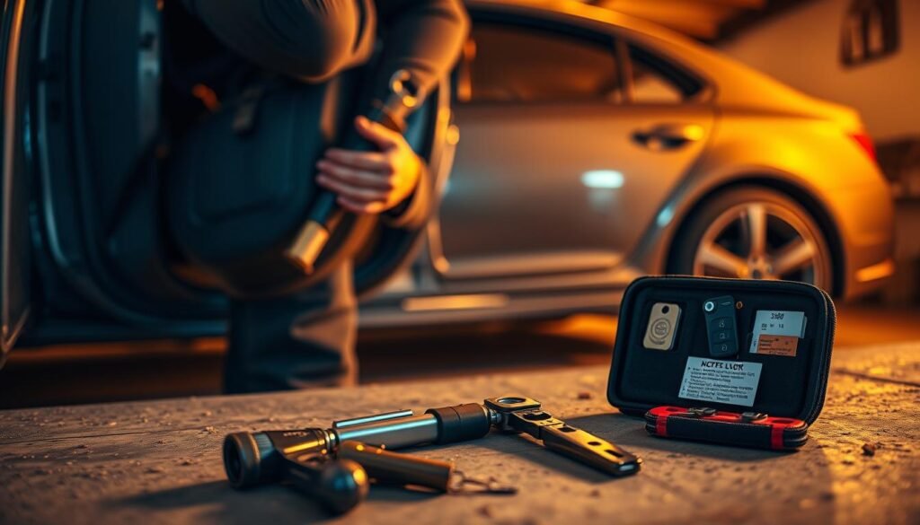 A detailed scene depicting the preventive measures to avoid locking oneself out of a car. In the foreground, a person carefully examines the car door, checking for any potential entry points. In the middle ground, a set of tools, including a slim jim and a locksmith kit, are laid out, ready for use if needed. The background features a car in a garage or driveway setting, with warm, directional lighting casting shadows and highlights to enhance the atmosphere. The scene conveys a sense of methodical problem-solving and preparedness, with the goal of avoiding the inconvenience and cost of calling a locksmith.