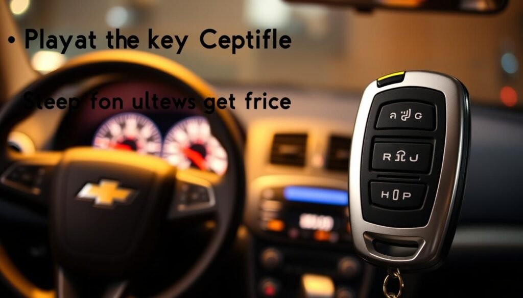A detailed step-by-step process of programming a Chevrolet Captiva key remotely via OBD2 at 433 MHz frequency. The image showcases the key fob and a car dashboard, illuminated by soft, warm lighting. The composition emphasizes the key fob in the foreground, with the car's interior visible in the middle ground, and a blurred, ambient background. The scene conveys a sense of technical expertise and DIY car maintenance, with a focus on the key programming procedure.