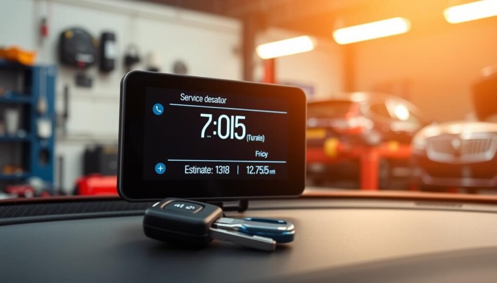 A digital dashboard displaying the estimated time and cost for automotive key programming services. The foreground shows a modern car key and a numerical readout illustrating the service duration and pricing. The background features a subtle automotive workshop atmosphere with blurred tools, workbenches, and a hint of a vehicle in the distance. The lighting is warm and focused, creating a professional, informative tone. The composition is balanced, with the key and data readout taking center stage to convey the key details of the programming service offering. A digital dashboard displaying the estimated time and cost for automotive key programming services. The foreground shows a modern car key and a numerical readout illustrating the service duration and pricing. The background features a subtle automotive workshop atmosphere with blurred tools, workbenches, and a hint of a vehicle in the distance. The lighting is warm and focused, creating a professional, informative tone. The composition is balanced, with the key and data readout taking center stage to convey the key details of the programming service offering.