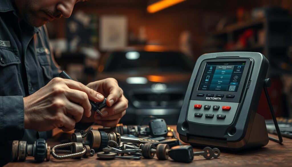 A dimly lit automotive workshop showcasing the contrast between traditional and modern lock-opening techniques. In the foreground, an experienced locksmith manually manipulates a collection of vintage lock-picking tools, their weathered surfaces and intricate mechanisms capturing the artistry of the craft. In the middle ground, a state-of-the-art electronic key programming device stands ready, its sleek, high-tech design hinting at the precision and efficiency of contemporary methods. The background is bathed in a warm, amber glow, creating an atmosphere of professionalism and expertise as the two eras of automotive security converge.
