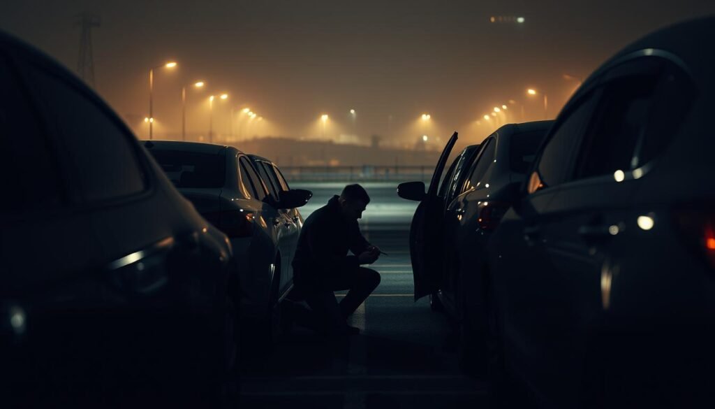A dimly lit parking lot with several locked cars in the foreground, their doors and windows obscured in shadow. In the middle ground, a skilled locksmith kneels beside one of the vehicles, delicately working on the lock mechanism with a set of specialized tools. The background fades into a hazy urban landscape, streetlights casting a warm glow over the scene. The overall mood is one of focused intensity, as the locksmith expertly navigates the challenge of opening the locked car. The image is captured with a cinematic wide-angle lens, emphasizing the sense of tension and the importance of the locksmith's work.