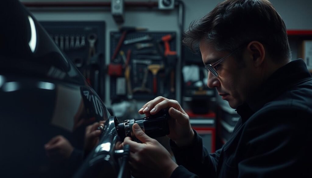 A dimly lit professional workshop, with a skilled technician meticulously inspecting the inner workings of a car lock mechanism. Muted tones of steel and chrome, punctuated by the soft glow of task lighting, create an air of precision and confidentiality. The technician's face is partially obscured, hinting at the specialized knowledge and discreet approach required for this delicate task. In the background, a wall-mounted display showcases an array of specialized tools, underscoring the importance of using the right equipment for the job. The overall atmosphere conveys the sense of a secure, well-organized, and highly skilled operation, dedicated to upholding the highest professional standards in the industry.