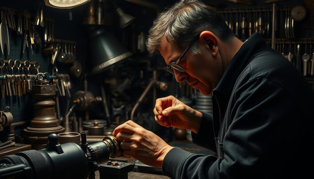 A dimly lit workshop filled with an array of specialized tools and equipment. A skilled locksmith works meticulously, analyzing the intricate mechanisms of a lock, their hands deftly manipulating the delicate components. The air is thick with the aroma of metal and oil, as the soft hum of machinery fills the space. In the background, a display of neatly organized keys, each one a unique tool for a specific task. The scene conveys a sense of precision, expertise, and the hidden complexities of the locksmithing craft. A dimly lit workshop filled with an array of specialized tools and equipment. A skilled locksmith works meticulously, analyzing the intricate mechanisms of a lock, their hands deftly manipulating the delicate components. The air is thick with the aroma of metal and oil, as the soft hum of machinery fills the space. In the background, a display of neatly organized keys, each one a unique tool for a specific task. The scene conveys a sense of precision, expertise, and the hidden complexities of the locksmithing craft.