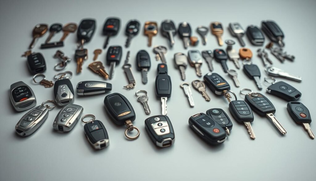 A diverse collection of car key types laid out on a sleek, minimalist surface. In the foreground, an array of modern electronic transponder keys with sleek metal bodies and branded logos. In the middle ground, a variety of traditional metal keys in various shapes and sizes, some with ornate patterns and textures. In the background, a selection of classic car keys with distinct head shapes and worn finishes, evoking the rich history of automotive design. The lighting is soft and even, creating a sense of clarity and focus on the keys. The composition is balanced and visually appealing, making it easy to discern the distinct features of each key type.