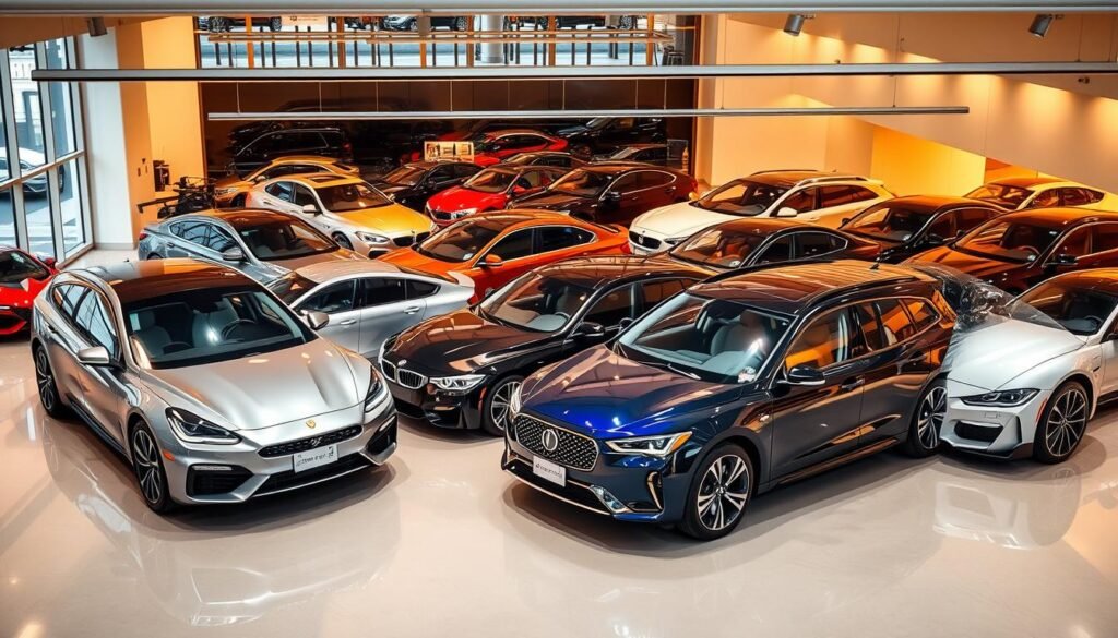 A diverse collection of modern automobiles from various origins, showcased in a sleek, high-end automotive showroom. Warm, directional lighting illuminates the glossy paint finishes, highlighting the dynamic designs and elegant curves of Japanese, European, Korean, and American car models. The vehicles are arranged in a visually appealing layout, creating a harmonious and aspirational scene. The image conveys a sense of professionalism, expertise, and attention to detail, reflecting the comprehensive services offered in the article's subject matter.