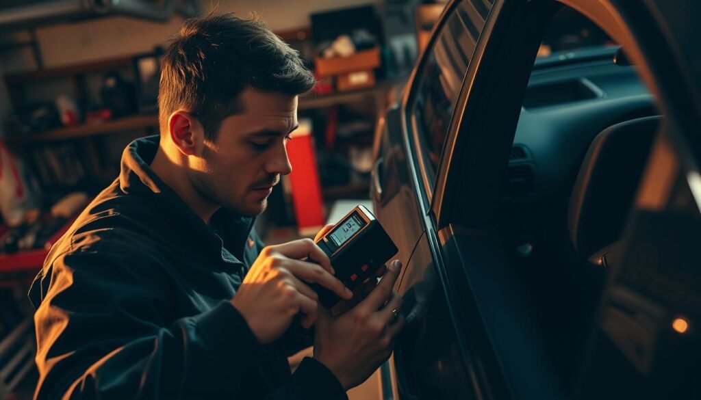 A high-angle shot of a car service technician using a specialized electronic tool to unlock the door of a locked vehicle. The scene is set in a well-equipped auto shop, with various tools and equipment visible in the background. Warm, directional lighting casts dramatic shadows, creating a sense of focus and intensity. The technician's expression is one of focused concentration as they navigate the complex process of gaining access to the locked car. The overall mood is one of professionalism and the application of modern, cutting-edge techniques in the field of automotive lockout services.