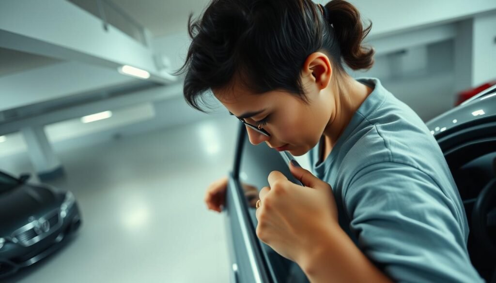 A high-angle shot of a person diligently checking the car door handles, ensuring they are properly locked, with a concentrated expression on their face. The scene is set in a well-lit, modern parking lot, with clean lines and a minimalist design. The background features a row of neatly parked cars, creating a sense of order and attention to detail. The overall mood is one of proactive caution, with the person taking the necessary precautions to prevent the accidental locking of the vehicle.