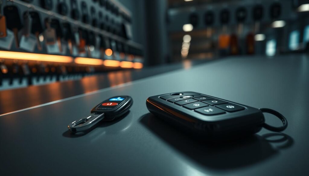 A high-angle view of a car key fob and programming device on a sleek, modern workbench. The key fob's buttons glow softly in the dimly lit workspace, conveying a sense of technological precision. In the background, rows of car keys hang neatly, hinting at the breadth of services offered. Soft, directional lighting emphasizes the intricate details of the programming device, casting dramatic shadows and highlighting its advanced features. The overall atmosphere is one of expertise and professionalism, reflecting the specialized nature of car key programming.