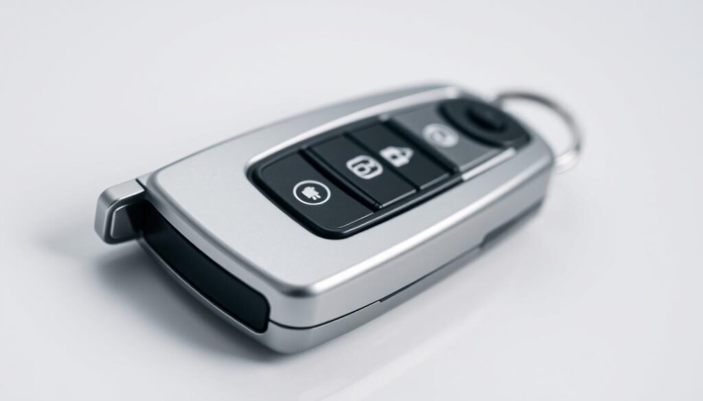 A high-quality, close-up photograph of a car key fob, captured with a DSLR camera. The fob is made of sleek, metallic silver material, with a smooth, reflective surface. The key is prominently featured, with its distinctive grooved design and the car's logo embossed on the surface. The image is well-lit, with soft, directional lighting that highlights the key fob's contours and textures. The background is blurred, creating a shallow depth of field and drawing the viewer's attention to the key fob itself. The overall composition is balanced and visually appealing, showcasing the key fob's design and functional details.