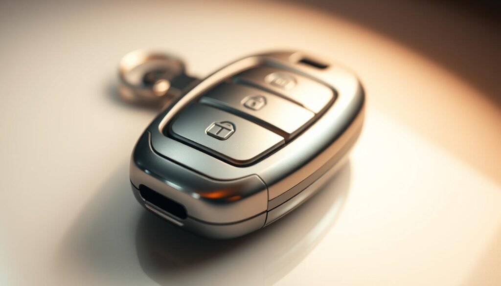 A high-quality, detailed close-up image of a car key fob. The fob is made of sleek, metallic silver with a glossy finish, and features minimalist design elements. The buttons are clearly visible, and the overall shape is compact and ergonomic. The lighting is soft and diffused, creating a warm, inviting atmosphere. The camera angle is slightly elevated, emphasizing the fob's clean lines and elegant form. The background is a subtly blurred, neutral tone that allows the key fob to be the central focus of the image.
