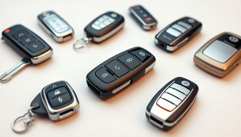A high-quality, detailed comparison of various smart car key fobs. Show a close-up view of several different key fobs, meticulously showcasing their sleek, modern designs and advanced features. Capture the fobs in a well-lit, professional studio setting with a neutral background, allowing the products to be the focal point. Render the image with a crisp, high-resolution that highlights the intricate textures and materials used. Convey a sense of technological sophistication and consumer appeal to align with the article's subject matter. A high-quality, detailed comparison of various smart car key fobs. Show a close-up view of several different key fobs, meticulously showcasing their sleek, modern designs and advanced features. Capture the fobs in a well-lit, professional studio setting with a neutral background, allowing the products to be the focal point. Render the image with a crisp, high-resolution that highlights the intricate textures and materials used. Convey a sense of technological sophistication and consumer appeal to align with the article's subject matter.