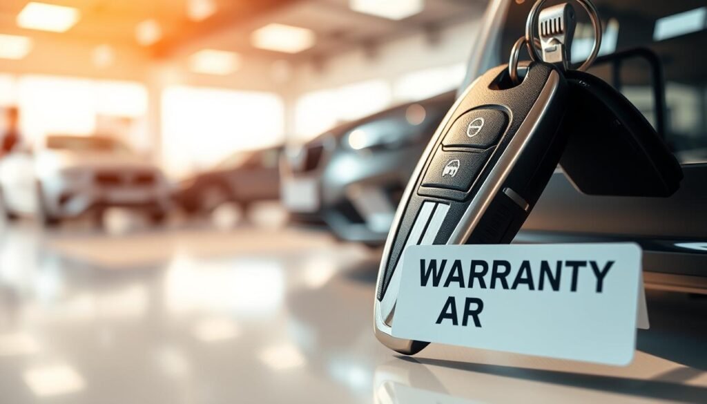A high-quality image of a new car key with a warranty sticker in the foreground, set against a blurred background of a modern automotive showroom. The key is prominently displayed, casting soft shadows and catching the warm, directional lighting to highlight its metallic finish and elegant design. The warranty sticker is legible and prominently placed, conveying a sense of reliability and quality assurance. The overall composition is balanced, with the key and warranty sticker occupying the central focus, while the background provides context and a sense of place.