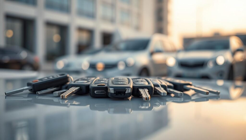 A high-quality image of car keys from Sharjah, UAE. The keys are arranged neatly on a clean, reflective surface, capturing the attention of the viewer. The lighting is soft and diffused, highlighting the intricate details and textures of the keys. The keys are presented in the foreground, with a blurred, out-of-focus background that suggests an urban setting. The overall composition is balanced and aesthetically pleasing, conveying a sense of professionalism and expertise in automotive key programming services.