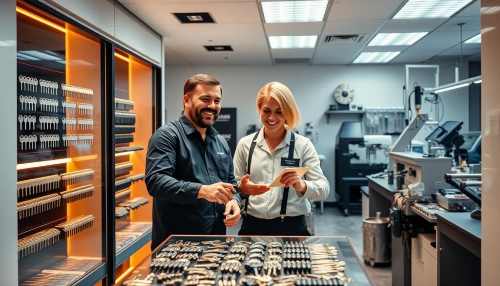 A high-quality, professional key services shop with competitive prices. The storefront has a modern, minimalist design with large windows showcasing the well-organized interior. Warm, directional lighting illuminates the displays of various key types, highlighting their craftsmanship. In the foreground, a customer is consulting with a friendly staff member, gesturing towards a selection of premium keys. The background features a clean, organized workspace where skilled technicians meticulously duplicate and repair keys using advanced machinery. An overall atmosphere of expertise, efficiency, and customer satisfaction.