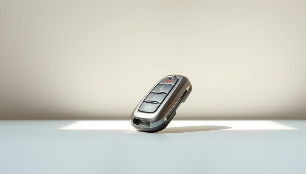 A high-quality, sleek car key fob in a minimalist, metallic design sits prominently against a soft, neutral background. The fob's surface reflects the light, creating a sense of quality and durability. The key's metallic finish and clean lines convey a sense of reliability and security, perfectly aligning with the "الأمان أولويتنا: أجهزة أصلية وإجراءات معتمدة" theme. The lighting is natural and diffused, highlighting the key's precision craftsmanship. The overall composition is balanced and visually appealing, drawing the viewer's attention to the key as the central focus.