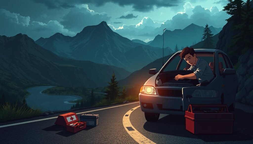 A high-resolution digital illustration showcasing "Emergency Situations and Quick Solutions on the Road." The scene depicts a car on the side of a winding mountain road, with the driver examining the engine. The foreground features the distressed vehicle and the driver's concerned expression, conveying a sense of urgency. The middle ground includes a toolbox and emergency kit, hinting at the quick solutions available. The background captures the scenic landscape, with majestic mountains and a dramatic sky, creating a moody, atmospheric setting. The lighting is dramatic, casting long shadows and highlighting the details of the car and the driver's actions. The overall composition and color palette evoke a feeling of tension and the need for swift problem-solving.