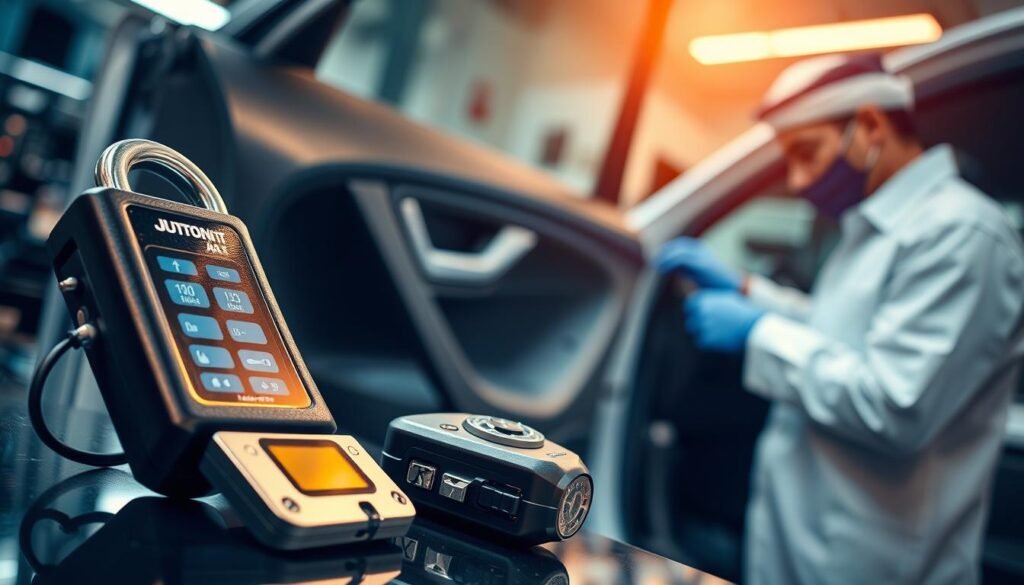A high-tech automotive locksmith workshop in Abu Dhabi, the image showcases the latest tools and techniques for unlocking cars without keys. The foreground features a sophisticated digital lockpick and a keyless entry device, while the middle ground displays a partially disassembled car door, revealing the inner mechanisms. In the background, a technician in a clean uniform works diligently, demonstrating the precision and expertise required for this specialized service. The scene is bathed in a warm, inviting light, conveying a sense of professionalism and reliable service to vehicle owners in need. The overall mood is one of technological mastery and customer-centric care. A high-tech automotive locksmith workshop in Abu Dhabi, the image showcases the latest tools and techniques for unlocking cars without keys. The foreground features a sophisticated digital lockpick and a keyless entry device, while the middle ground displays a partially disassembled car door, revealing the inner mechanisms. In the background, a technician in a clean uniform works diligently, demonstrating the precision and expertise required for this specialized service. The scene is bathed in a warm, inviting light, conveying a sense of professionalism and reliable service to vehicle owners in need. The overall mood is one of technological mastery and customer-centric care.