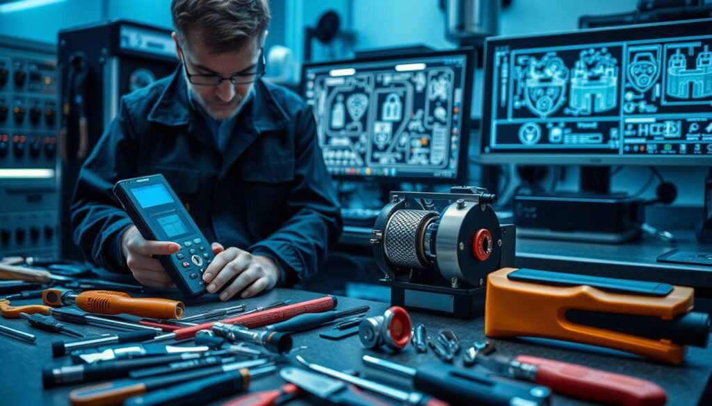 A high-tech workshop filled with modern locksmithing tools and equipment. In the foreground, a technician carefully examines a sophisticated electronic lock mechanism, using a specialized diagnostic device. The mid-ground features various specialized lockpicking tools, from pick sets to electronic lock crackers, all neatly organized on a workbench. In the background, a computer monitor displays complex lock schematics and security system diagrams, hinting at the depth of knowledge required. The scene is bathed in a cool, bluish lighting, creating a clinical, professional atmosphere befitting the advanced nature of the technology on display.