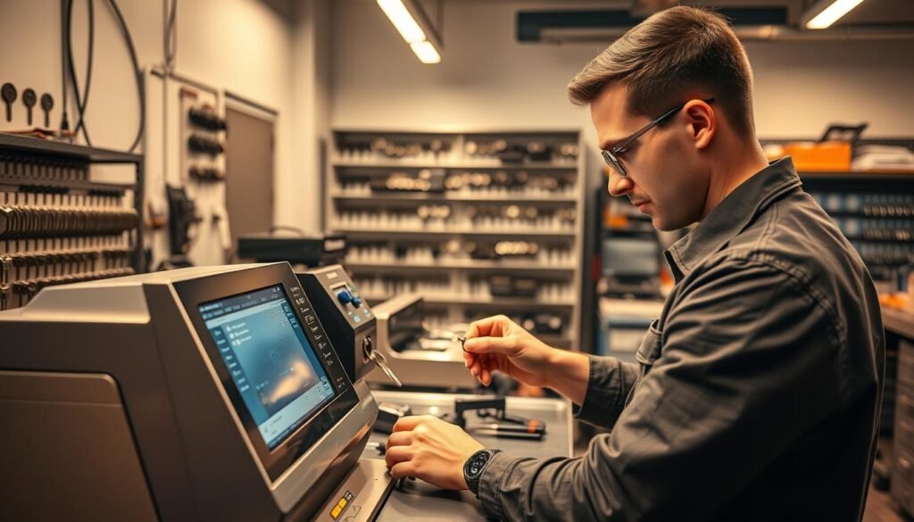 A high-tech workshop filled with the latest key-cutting machinery, gleaming metal surfaces, and intricate tools. In the foreground, a skilled technician operates a computerized key duplicator, its sleek design and precision-milled components reflecting the modern era of locksmithing. Warm, directional lighting illuminates the technician's focused expression as they expertly guide a key blank through the cutting process. In the middle ground, shelves display an array of key types, organized and readily accessible. The background reveals a clean, minimalist space with clean white walls and subtle industrial accents, conveying an atmosphere of professionalism and innovation in the field of key services.