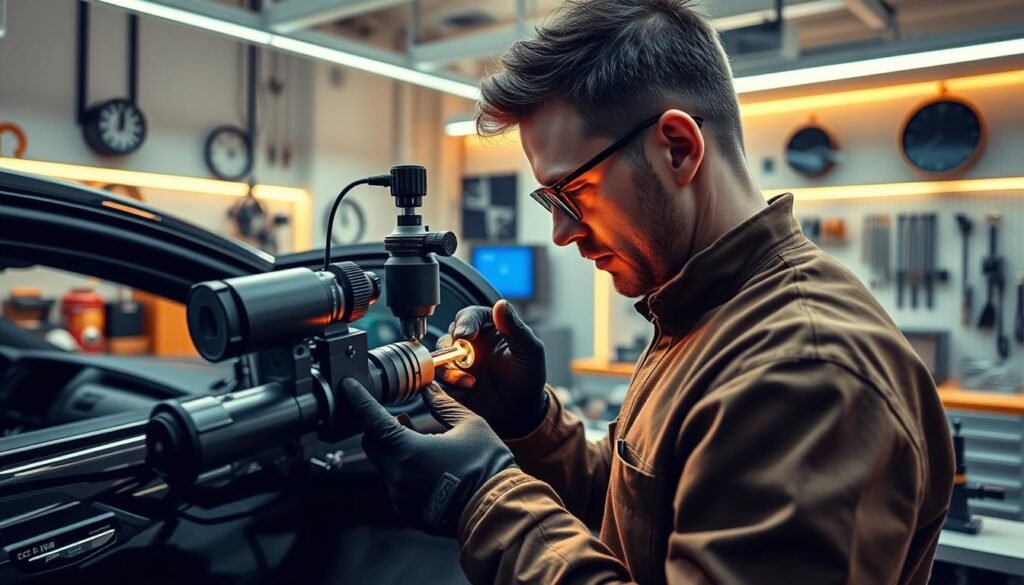 A high-tech workshop filled with the latest lock-picking tools and technologies. In the foreground, a skilled technician meticulously examines a car lock, using a digital borescope to assess its inner workings. The middle ground features a range of specialized equipment, including electromagnetic lock picks, code readers, and locksmith's vices. The background showcases a sleek, modern workspace with clean lines, warm lighting, and minimalist decor, creating an atmosphere of professionalism and innovation. The overall scene conveys the advanced techniques and expertise required for the modern art of lock opening, as befitting the title "التقنيات المتطورة في فتح الأقفال". A high-tech workshop filled with the latest lock-picking tools and technologies. In the foreground, a skilled technician meticulously examines a car lock, using a digital borescope to assess its inner workings. The middle ground features a range of specialized equipment, including electromagnetic lock picks, code readers, and locksmith's vices. The background showcases a sleek, modern workspace with clean lines, warm lighting, and minimalist decor, creating an atmosphere of professionalism and innovation. The overall scene conveys the advanced techniques and expertise required for the modern art of lock opening, as befitting the title "التقنيات المتطورة في فتح الأقفال".