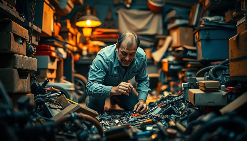 A man frantically searching for his misplaced car key, surrounded by the chaos of a cluttered garage. The scene is dimly lit, with a warm, amber glow from an old workbench lamp casting shadows across the floor. The man, on his hands and knees, rummages through piles of tools, boxes, and automotive parts, his expression one of growing frustration. The background is blurred, emphasizing the intensity of his focus on the task at hand. The image conveys the stress and panic of losing an essential item, with the viewer drawn into the character's frantic search for a solution.