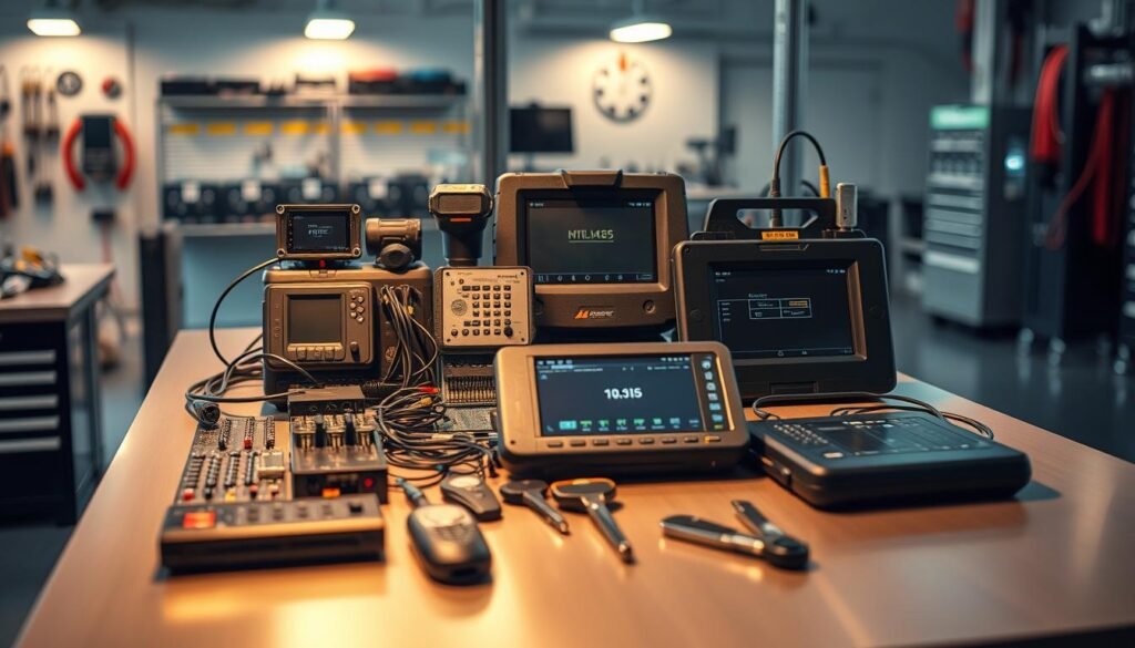 A meticulously engineered array of advanced programming devices sits atop a sleek, modern workbench. Precision tools, diagnostic interfaces, and cutting-edge software components are artfully arranged, conveying a sense of technological sophistication. The lighting casts a warm, focused glow, highlighting the intricate details and the high-quality materials used in the construction of these specialized tools. The composition emphasizes the central role these devices play in the complex process of remote key programming, capturing the essence of the expert-level skills required to execute this task with exceptional proficiency.