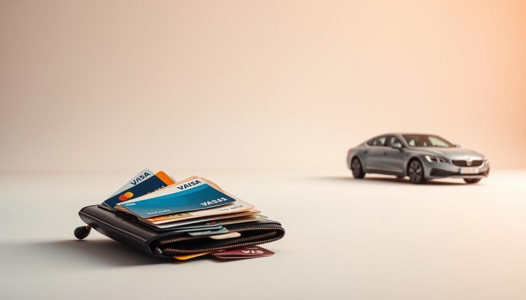 A minimalist, high-contrast composition showcasing the comparison of pricing and payment methods. In the foreground, a modern wallet with various payment cards and currency spills open, conveying the idea of financial options. The middle ground features two identical sedans in an ambiguous environment, emphasizing the comparison of vehicles. The background is a clean, neutral gradient, allowing the central elements to take focus. Warm, directional lighting casts subtle shadows, creating depth and emphasizing the key objects. The overall mood is one of pragmatic decision-making, highlighting the importance of informed financial choices.