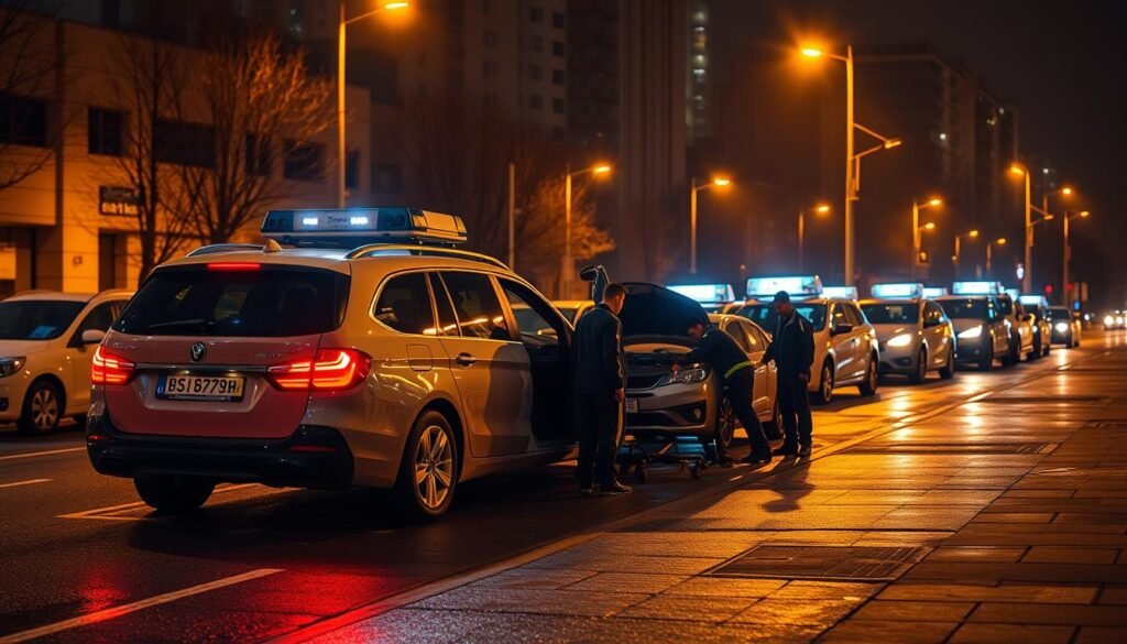 A mobile service car with a bright LED sign on its roof, parked on a city street at night. The car is surrounded by a fleet of other service vehicles, their lights reflecting off the wet pavement. In the foreground, a group of technicians in uniforms are working on a car, using specialized tools and equipment. The scene is illuminated by warm, golden streetlights, casting a cozy and professional atmosphere. The background features the silhouettes of nearby buildings, suggesting a busy urban environment. The image conveys a sense of 24/7 availability and expert, on-the-go automotive services.