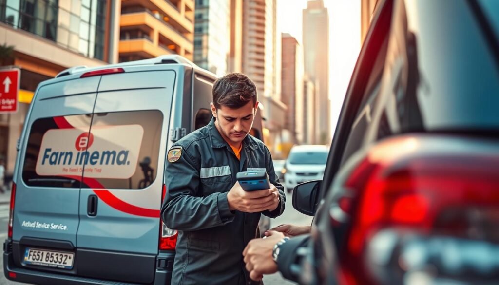 A mobile service technician attends to a car owner's needs in the bustling streets of Dubai. The scene depicts a well-equipped van with the company's logo, signifying a reliable and efficient on-the-spot service. The technician, dressed in a professional uniform, is shown closely inspecting the car, utilizing advanced diagnostic tools to quickly identify and resolve any issues. The background features the vibrant, modern architecture of Dubai, conveying a sense of urban dynamism and the convenience of this mobile service. Warm, natural lighting illuminates the scene, creating an atmosphere of professionalism and customer-centric service. The composition highlights the technician's focused attention, emphasizing the responsive and personalized nature of this mobile automotive service in Dubai.