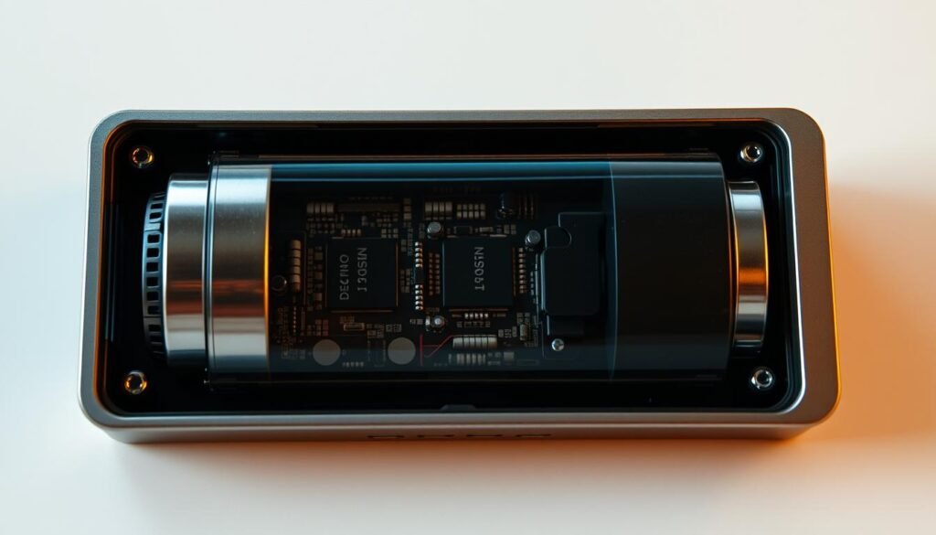 A modern and sleek lithium-ion battery pack, its internal components precisely engineered for optimal power delivery during complex programming tasks. The battery is secured within a sturdy metallic casing, its cooling vents strategically placed to maintain thermal stability. The casing reflects warm, muted tones, complementing the technical atmosphere. Soft, diffused lighting illuminates the scene, highlighting the battery's intricate circuitry and clean design. The overall composition conveys a sense of reliability, efficiency, and the importance of careful engineering in achieving successful programming outcomes.