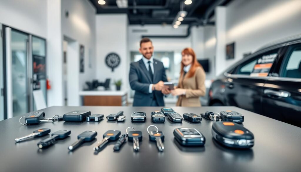 A modern and well-equipped auto locksmith service center. The foreground showcases a selection of car keys, remotes, and specialized tools, arranged neatly on a sleek, dark-colored counter. The middle ground depicts a professional customer service representative, dressed in a crisp uniform, warmly greeting a customer. The background features a clean, well-lit interior with minimalist décor, conveying a sense of efficiency and attention to detail. Soft, directional lighting casts subtle shadows, creating depth and a welcoming atmosphere. The overall scene suggests a reliable, high-quality auto locksmith service that prioritizes customer satisfaction and convenience.