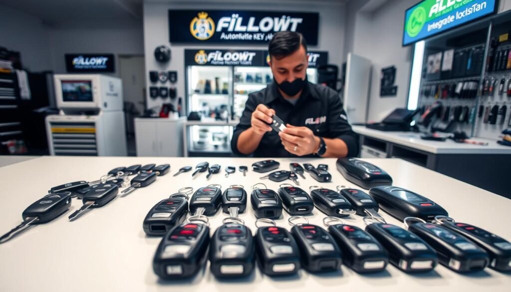 A modern and well-equipped automotive locksmith shop in Abu Dhabi, showcasing a range of integrated car key services. In the foreground, a variety of car keys and key programming devices are neatly arranged on a clean, well-lit workbench. The middle ground features a technician expertly duplicating a car key, with a variety of specialized tools and equipment visible. The background depicts the storefront, with signage and branding that conveys professionalism and reliability. The overall scene exudes an atmosphere of efficiency, attention to detail, and a commitment to providing comprehensive and trustworthy automotive key services.