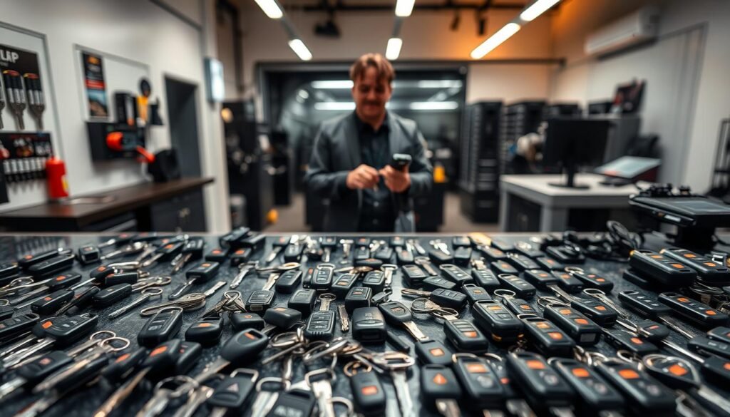 A modern automotive locksmith workshop, showcasing a meticulously organized display of car keys, programming devices, and state-of-the-art key duplication machines. The foreground features an array of key blanks in various shapes and sizes, while the middle ground depicts a skilled technician diligently programming a replacement key fob. The background showcases a sleek, well-lit showroom with minimalist décor, conveying a sense of professionalism and expertise. Subtle ambient lighting casts a warm, inviting glow, and the overall composition suggests a seamless blend of advanced technology and personalized customer service.