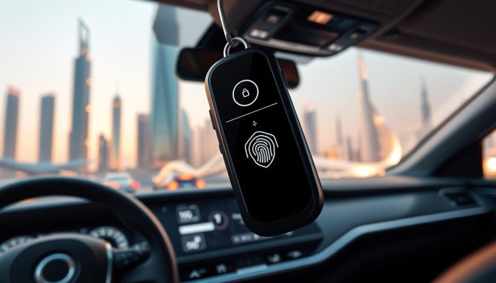A modern, sleek smart car key with advanced security features prominently displayed in the foreground. In the middle ground, a high-tech dashboard with intuitive digital controls. In the background, a futuristic cityscape of skyscrapers and infrastructure representing the technologically advanced United Arab Emirates. The image conveys a sense of innovation, convenience, and the progressive nature of smart car technology in the UAE. Prompt A highly detailed, photorealistic image of a modern, sleek smart car key with advanced security features like fingerprint scanning and keyless entry, prominently displayed in the foreground. In the middle ground, a high-tech dashboard with intuitive digital controls and a heads-up display. In the background, a futuristic cityscape of tall, gleaming skyscrapers and advanced infrastructure representing the technologically progressive nature of the United Arab Emirates. Soft, warm lighting creates an atmosphere of innovation and convenience. A modern, sleek smart car key with advanced security features prominently displayed in the foreground. In the middle ground, a high-tech dashboard with intuitive digital controls. In the background, a futuristic cityscape of skyscrapers and infrastructure representing the technologically advanced United Arab Emirates. The image conveys a sense of innovation, convenience, and the progressive nature of smart car technology in the UAE. Prompt A highly detailed, photorealistic image of a modern, sleek smart car key with advanced security features like fingerprint scanning and keyless entry, prominently displayed in the foreground. In the middle ground, a high-tech dashboard with intuitive digital controls and a heads-up display. In the background, a futuristic cityscape of tall, gleaming skyscrapers and advanced infrastructure representing the technologically progressive nature of the United Arab Emirates. Soft, warm lighting creates an atmosphere of innovation and convenience.