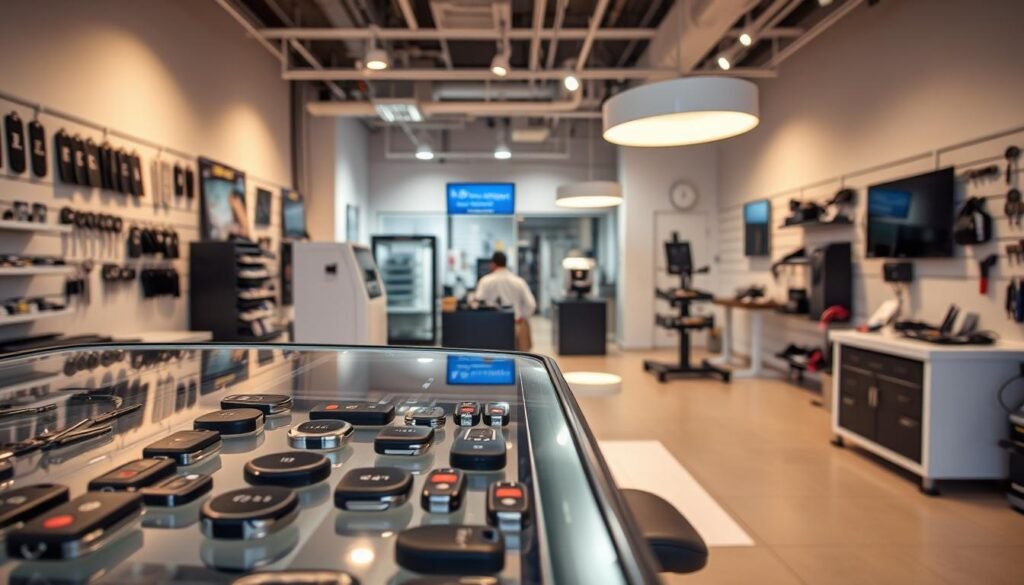 A modern, well-equipped auto key shop showcasing its premium services. In the foreground, a sleek glass display showcases a variety of car keys and key fobs, illuminated by warm, focused lighting. The middle ground features a tidy, organized workspace with state-of-the-art machinery and tools for key cutting and programming. The background depicts a clean, minimalist interior with a neutral color palette, conveying a sense of professionalism and attention to detail. The overall scene radiates an atmosphere of expertise, efficiency, and customer-oriented service, perfectly capturing the essence of "ميزات محل مفاتيح السيارات الشامخة".