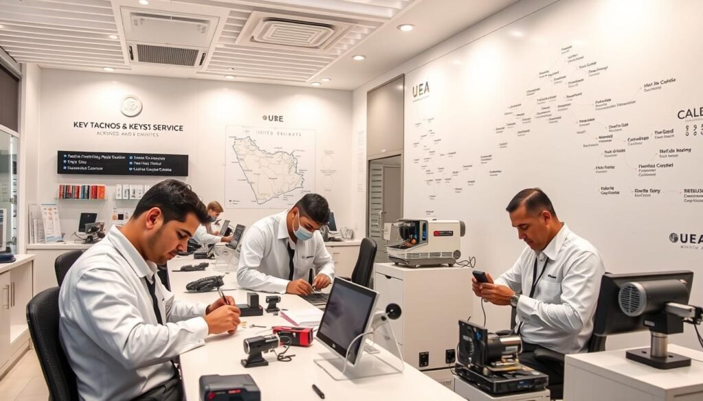 A modern, well-equipped service center with professional technicians providing comprehensive key duplication and repair services across the United Arab Emirates. The interior is bright and inviting, with clean lines, minimalist decor, and state-of-the-art equipment. Technicians in crisp uniforms carefully examine and service customer's keys using specialized tools and machinery. A large map of the UAE on the wall highlights the extensive network of branch locations, emphasizing the brand's nationwide coverage and commitment to customer convenience. The overall atmosphere conveys efficiency, expertise, and a dedication to delivering exceptional, personalized service.