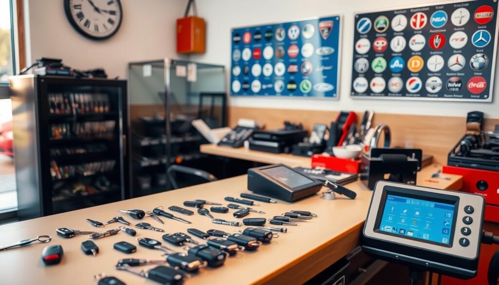 A neatly organized car key maker's workshop, with an assortment of key blanks, cutting tools, and a digital key programmer on a clean workbench. Warm lighting casts a cozy glow, while a display case showcases various car key models. In the background, a wall-mounted board displays the logos of popular car brands, indicating the wide range of services offered. The scene conveys a professional, efficient, and customer-focused atmosphere, ready to assist with all car key-related needs. A neatly organized car key maker's workshop, with an assortment of key blanks, cutting tools, and a digital key programmer on a clean workbench. Warm lighting casts a cozy glow, while a display case showcases various car key models. In the background, a wall-mounted board displays the logos of popular car brands, indicating the wide range of services offered. The scene conveys a professional, efficient, and customer-focused atmosphere, ready to assist with all car key-related needs.