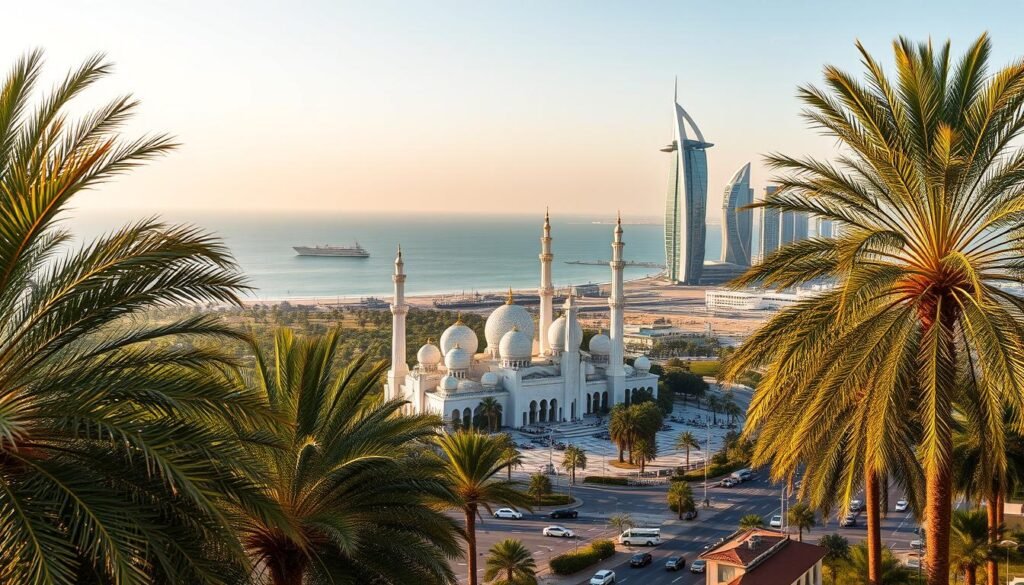 A panoramic landscape of the United Arab Emirates, showcasing the iconic skyline of Abu Dhabi against the backdrop of the Arabian Gulf. In the foreground, lush palm trees sway gently, their fronds casting warm, dappled shadows across the bustling streets below. The middle ground features the striking architecture of the Sheikh Zayed Grand Mosque, its intricate, white marble domes and minarets rising majestically. In the distance, the towering skyscrapers of the city's financial district gleam in the golden light of the setting sun, creating a stunning contrast between modern development and traditional Islamic design. The overall scene conveys a sense of vibrant modernity, deep-rooted heritage, and the remarkable transformation of this desert nation into a global hub of commerce and culture.