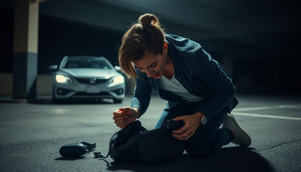 A person in distress, frantically searching through their belongings for a lost car key. The scene is set in a dimly lit parking lot, with a solitary car visible in the background. The subject is kneeling on the ground, hands trembling as they rummage through a purse or bag, expression one of growing anxiety. The lighting is dramatic, with deep shadows and harsh highlights, creating a sense of urgency and tension. The camera angle is low, emphasizing the subject's vulnerability and the towering presence of the car, a symbol of mobility and independence now out of reach. The overall mood is one of frustration, helplessness, and the dread of being stranded, capturing the essence of the "problem of losing a car key and its impact."