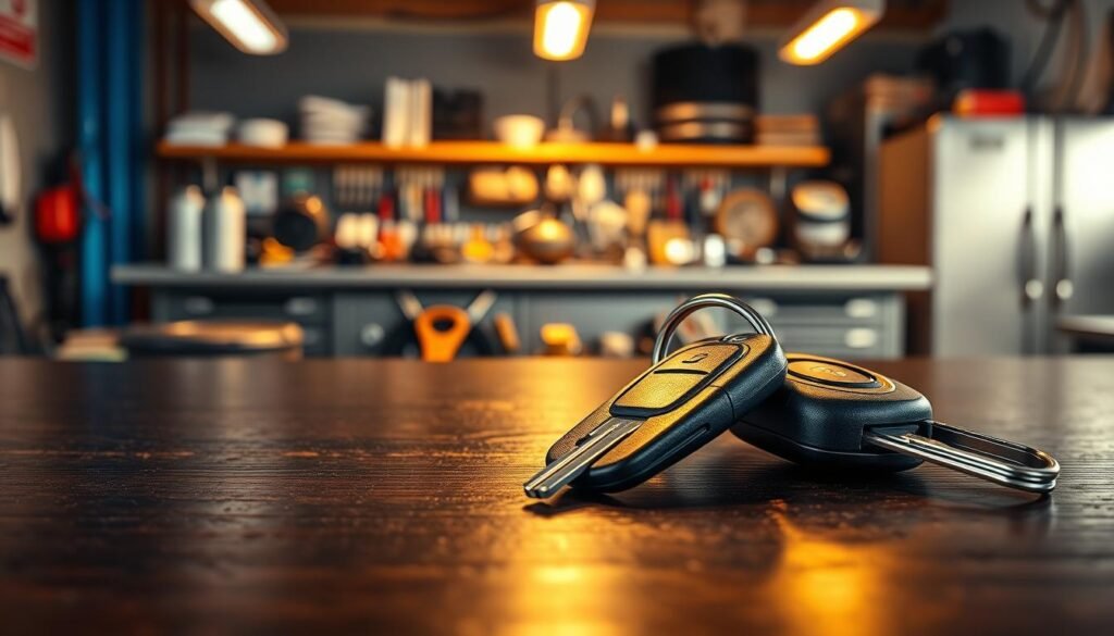 A photo of car keys in the foreground, laying on a dark wooden surface. The keys are shiny and metallic, reflecting the warm, ambient lighting from above. In the middle ground, a service desk or counter is visible, with various tools and equipment used for car key repair and duplication. The background is blurred, suggesting a workshop or garage setting, with hints of shelves or cabinets visible, conveying a professional, automotive service environment. The image has a clean, well-lit, and organized composition, capturing the essence of car key repair services.
