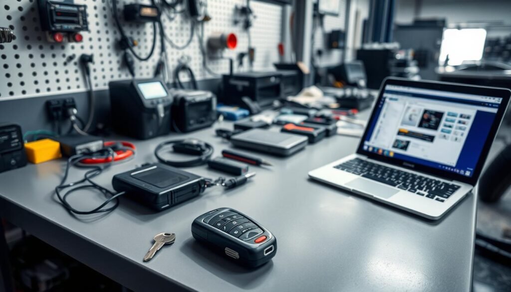 A pristine, well-equipped workbench in a modern automotive repair shop. Rows of specialized tools and diagnostic devices lie neatly organized, including key programmers, ECU flashers, and code readers. Soft, diffused lighting illuminates the scene, casting subtle shadows that accentuate the precision engineering of the equipment. In the foreground, a disassembled car key shell sits alongside a laptop displaying programming interfaces, hinting at the advanced technology required for modern vehicle key duplication and coding. The atmosphere conveys a sense of professionalism, expertise, and state-of-the-art capabilities in the field of automotive key management. A pristine, well-equipped workbench in a modern automotive repair shop. Rows of specialized tools and diagnostic devices lie neatly organized, including key programmers, ECU flashers, and code readers. Soft, diffused lighting illuminates the scene, casting subtle shadows that accentuate the precision engineering of the equipment. In the foreground, a disassembled car key shell sits alongside a laptop displaying programming interfaces, hinting at the advanced technology required for modern vehicle key duplication and coding. The atmosphere conveys a sense of professionalism, expertise, and state-of-the-art capabilities in the field of automotive key management.