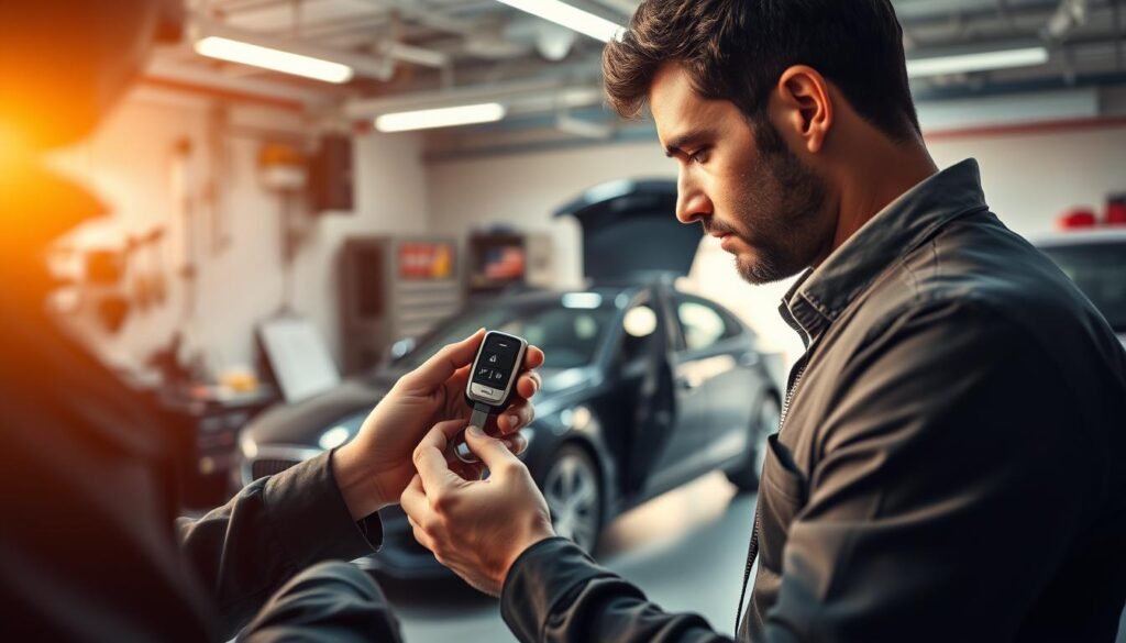 A professional auto locksmith workshop, filled with an array of specialized tools and equipment. In the foreground, a skilled technician meticulously programs a car key fob, bathed in a warm, golden light. The middle ground showcases a sleek, modern sedan, its doors open, inviting the viewer to imagine the seamless integration of the newly programmed key. The background is a softly blurred, minimalist workspace, exuding an atmosphere of precision and expertise. The overall scene conveys the confidence and care taken in providing reliable car key programming services to discerning customers in the UAE. A professional auto locksmith workshop, filled with an array of specialized tools and equipment. In the foreground, a skilled technician meticulously programs a car key fob, bathed in a warm, golden light. The middle ground showcases a sleek, modern sedan, its doors open, inviting the viewer to imagine the seamless integration of the newly programmed key. The background is a softly blurred, minimalist workspace, exuding an atmosphere of precision and expertise. The overall scene conveys the confidence and care taken in providing reliable car key programming services to discerning customers in the UAE.