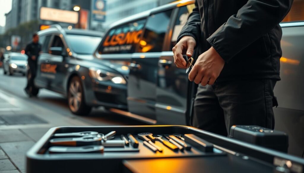 A professional automotive locksmith service in a bustling urban setting. The foreground features a close-up view of a locksmith's skilled hands working on a car door lock, the tools and equipment neatly organized on a tray nearby. The middle ground showcases the exterior of a modern sedan, with the locksmith's van visible in the background, its logo and branding prominently displayed. The scene is illuminated by a combination of natural daylight and warm artificial lighting, creating a sense of competence and reliability. The overall atmosphere conveys a blend of technical expertise, efficiency, and customer-centric service. A professional automotive locksmith service in a bustling urban setting. The foreground features a close-up view of a locksmith's skilled hands working on a car door lock, the tools and equipment neatly organized on a tray nearby. The middle ground showcases the exterior of a modern sedan, with the locksmith's van visible in the background, its logo and branding prominently displayed. The scene is illuminated by a combination of natural daylight and warm artificial lighting, creating a sense of competence and reliability. The overall atmosphere conveys a blend of technical expertise, efficiency, and customer-centric service.