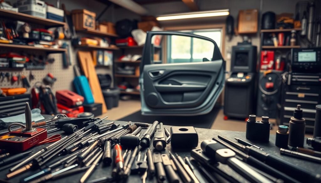 A professional automotive locksmith's workshop, filled with an array of specialized tools and equipment. In the foreground, a collection of lockpicks, slim jims, and other precision instruments arranged neatly on a workbench. In the middle ground, a partially disassembled car door, revealing the inner workings of the locking mechanism. The background showcases a well-equipped garage, with shelves of spare parts, diagnostic tools, and a state-of-the-art key duplicator. Soft, directional lighting casts a warm, focused glow, highlighting the intricate details and the skilled craftsmanship required to expertly open a locked vehicle.