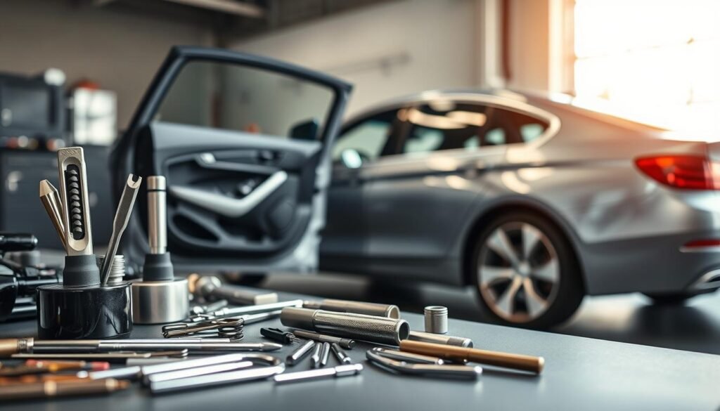 A professional automotive locksmith's workstation, illuminated by soft natural lighting from a large window. In the foreground, an array of specialized tools and picks for delicately opening car doors, their metal surfaces gleaming. In the middle ground, a disassembled car door panel, revealing the intricate mechanisms of the locking system. In the background, a modern, streamlined sedan, its polished exterior reflecting the workshop's orderly atmosphere. The scene conveys a sense of expertise, precision, and the careful, methodical process of providing reliable car unlocking services. A professional automotive locksmith's workstation, illuminated by soft natural lighting from a large window. In the foreground, an array of specialized tools and picks for delicately opening car doors, their metal surfaces gleaming. In the middle ground, a disassembled car door panel, revealing the intricate mechanisms of the locking system. In the background, a modern, streamlined sedan, its polished exterior reflecting the workshop's orderly atmosphere. The scene conveys a sense of expertise, precision, and the careful, methodical process of providing reliable car unlocking services.