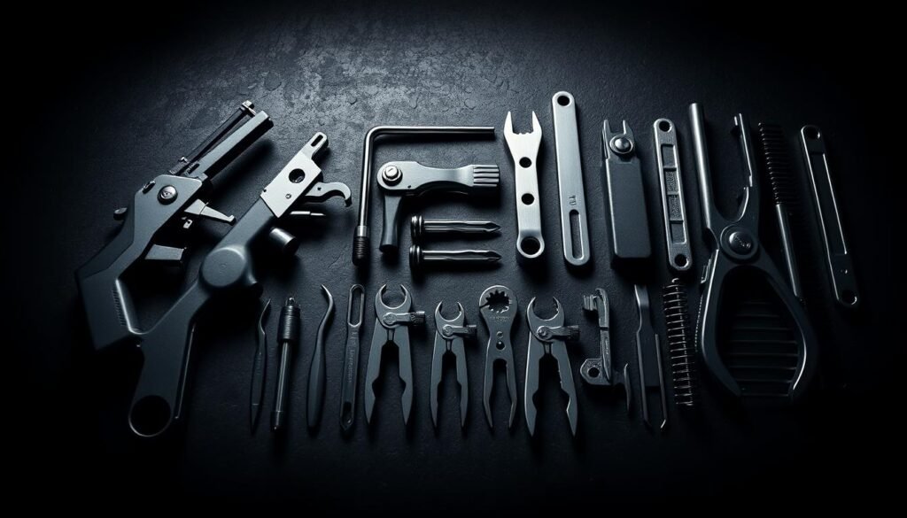 A professional-grade lockpicking toolkit displayed on a dark, moody background. An array of sleek, precision-engineered tools - pick guns, tension wrenches, hook picks, and rakes - arranged neatly against a textured, industrial surface. Dramatic side lighting casts dramatic shadows, highlighting the intricate details and high-quality construction of the instruments. The tools evoke a sense of technical mastery, hinting at the skilled techniques required to operate them. This image captures the advanced, specialized nature of modern lockpicking equipment used by automotive locksmiths and security professionals.