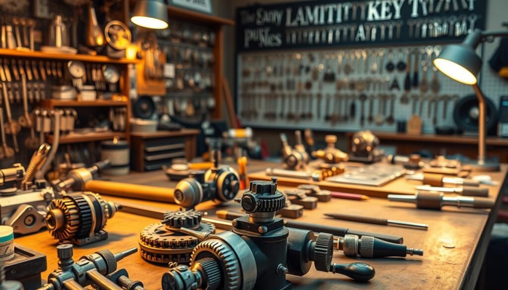 A professional locksmith's workshop, with an array of specialized tools and equipment neatly arranged on workbenches. Intricate mechanical components and precision instruments are illuminated by warm, focused lighting, creating a sense of expertise and attention to detail. In the background, a wall displays an assortment of key blanks, highlighting the breadth of the locksmith's knowledge and capabilities. The overall atmosphere conveys a blend of technical mastery and meticulous craftsmanship, perfectly suited for the "Professional Locksmith Techniques" section of the article.