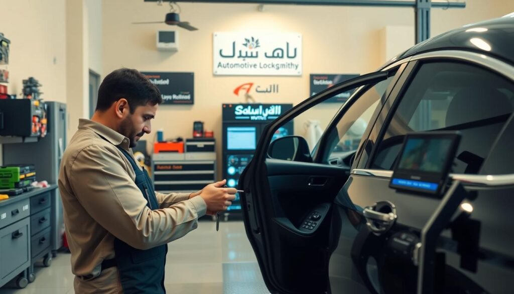 A professional, modern automotive locksmith service in the city of Al-Ain, UAE. The image depicts a well-equipped workshop with a neat, organized interior. Soft, warm lighting illuminates the space, creating a welcoming atmosphere. In the foreground, a skilled technician carefully inspects a car door, their tools and equipment neatly arranged nearby. The middle ground showcases the latest locksmith technology, including a digital key programming system. In the background, the workshop's branding and signage are prominently displayed, highlighting the company's expertise and trustworthiness. The overall scene conveys a sense of efficiency, reliability, and customer-focused service, reflecting the high-quality car unlock services offered in Al-Ain. A professional, modern automotive locksmith service in the city of Al-Ain, UAE. The image depicts a well-equipped workshop with a neat, organized interior. Soft, warm lighting illuminates the space, creating a welcoming atmosphere. In the foreground, a skilled technician carefully inspects a car door, their tools and equipment neatly arranged nearby. The middle ground showcases the latest locksmith technology, including a digital key programming system. In the background, the workshop's branding and signage are prominently displayed, highlighting the company's expertise and trustworthiness. The overall scene conveys a sense of efficiency, reliability, and customer-focused service, reflecting the high-quality car unlock services offered in Al-Ain.