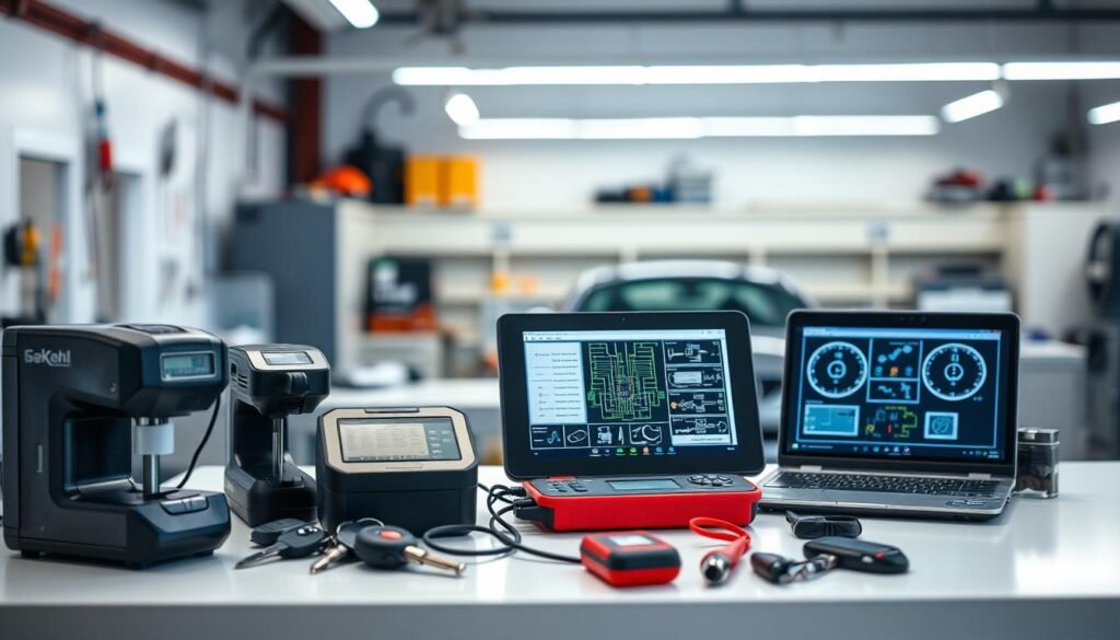 A professional modern workshop with an array of state-of-the-art key programming devices neatly arranged on a clean workbench. The scene is bathed in soft, even lighting from above, creating a calm, focused atmosphere. In the foreground, a variety of key cutting machines, diagnostic tools, and programming interfaces sit ready for use. In the middle ground, a laptop or tablet displays intricate software interfaces for accessing vehicle electronic systems. The background is blurred, hinting at the advanced technology and expertise required for modern key programming services.