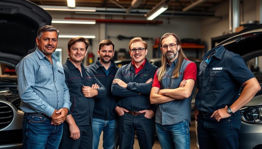 A professional team of car enthusiasts at Posting Cars, standing confidently in their well-equipped garage. Warm, soft lighting illuminates their focused expressions as they discuss the latest techniques for securely opening locked vehicles. The team's diverse expertise and modern tools are showcased, reflecting their extensive experience in the American automotive market. The scene conveys a sense of expertise, innovation, and a commitment to providing reliable solutions to their customers.